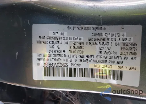 2012 Mazda Cx-9 Touring z USA, uszkodzony, nr VIN JM3TB3CV9C0342221